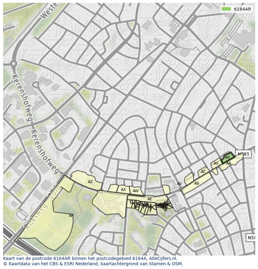 Afbeelding van het postcodegebied 6164 AR op de kaart.