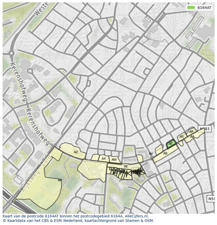 Afbeelding van het postcodegebied 6164 AT op de kaart.