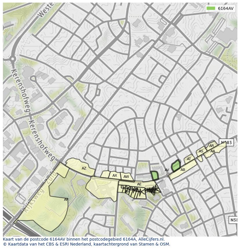 Afbeelding van het postcodegebied 6164 AV op de kaart.