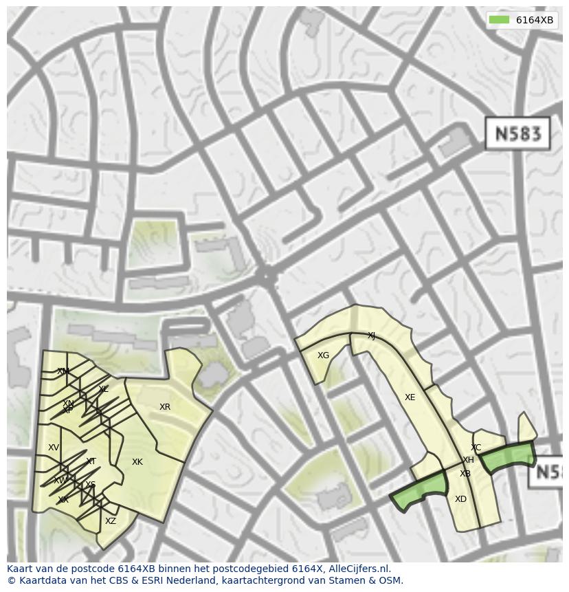 Afbeelding van het postcodegebied 6164 XB op de kaart.