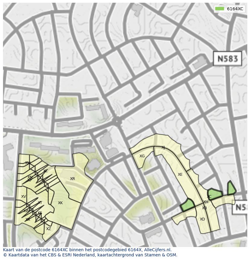 Afbeelding van het postcodegebied 6164 XC op de kaart.