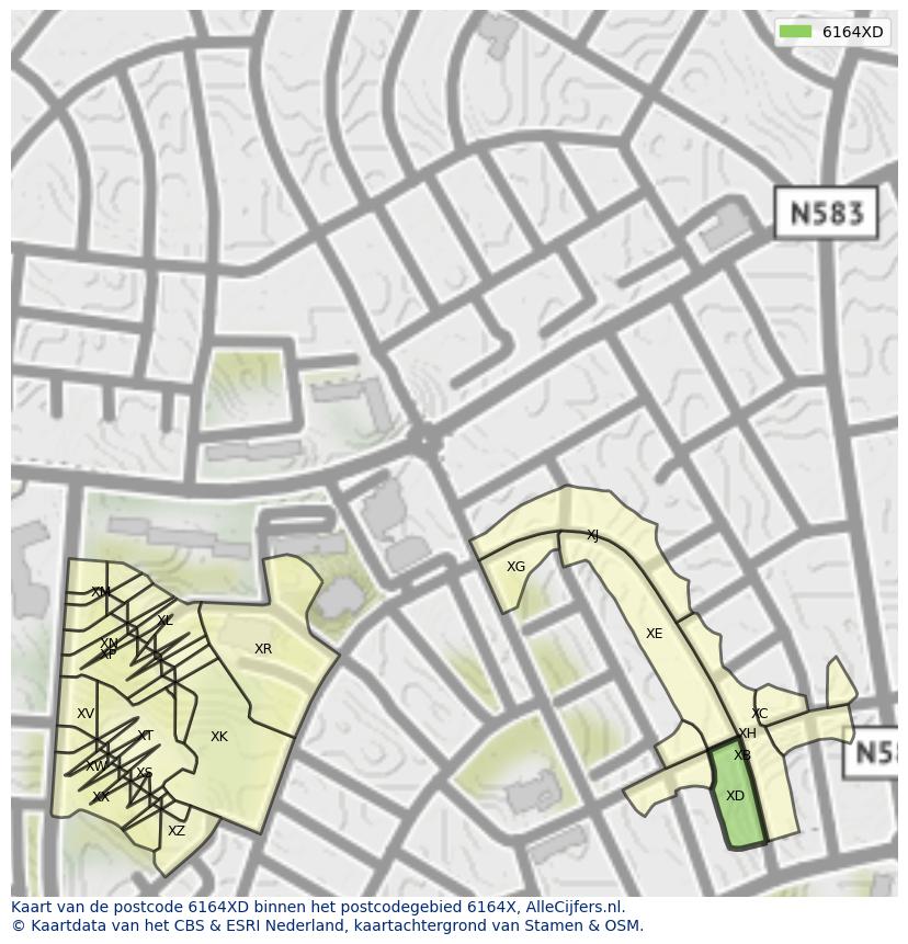 Afbeelding van het postcodegebied 6164 XD op de kaart.