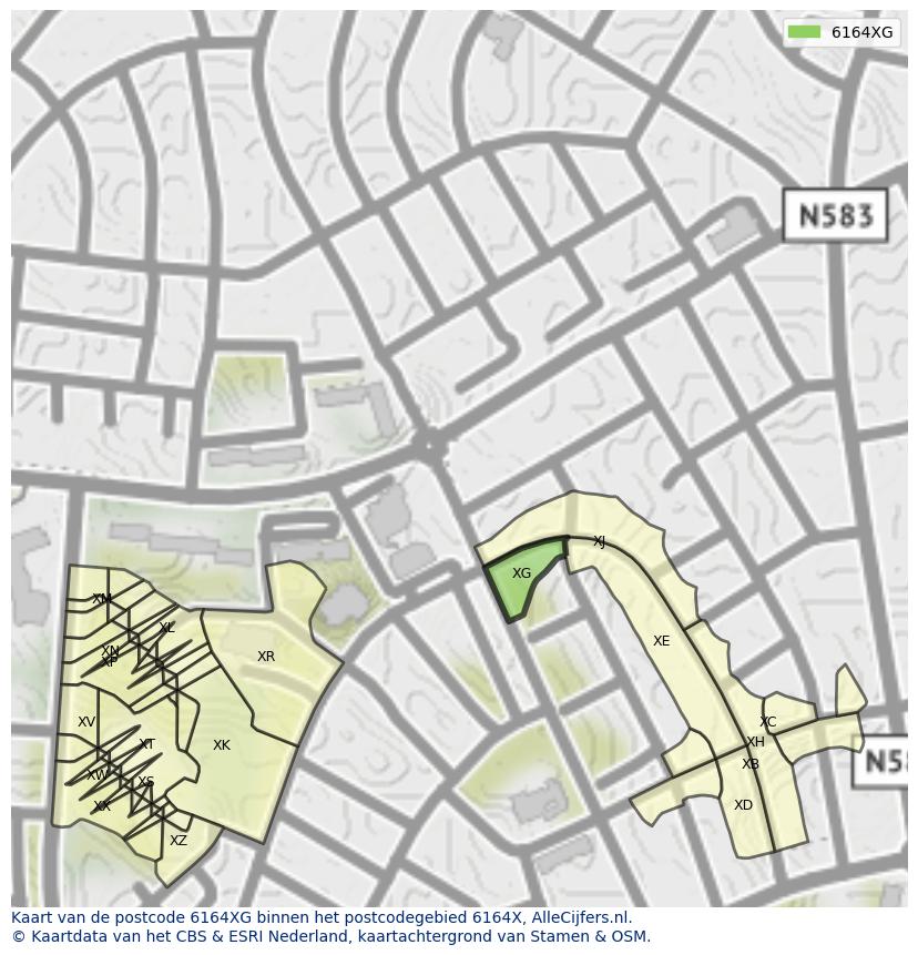 Afbeelding van het postcodegebied 6164 XG op de kaart.