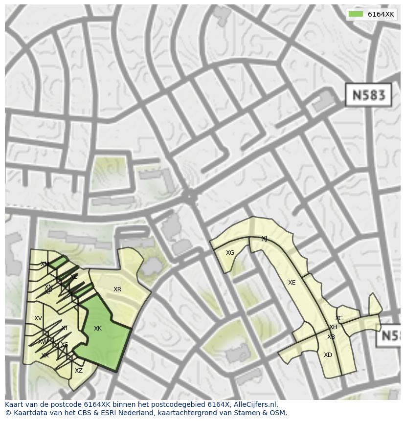 Afbeelding van het postcodegebied 6164 XK op de kaart.