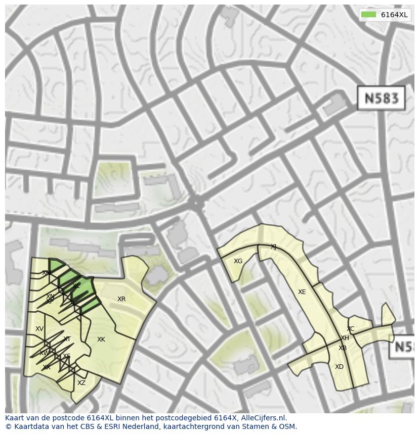 Afbeelding van het postcodegebied 6164 XL op de kaart.