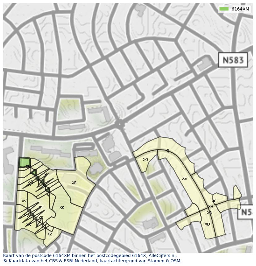 Afbeelding van het postcodegebied 6164 XM op de kaart.