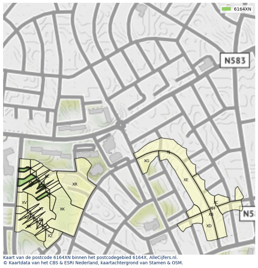 Afbeelding van het postcodegebied 6164 XN op de kaart.