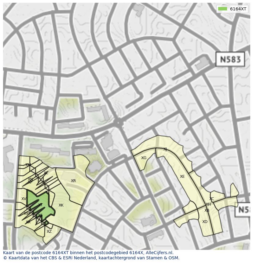 Afbeelding van het postcodegebied 6164 XT op de kaart.