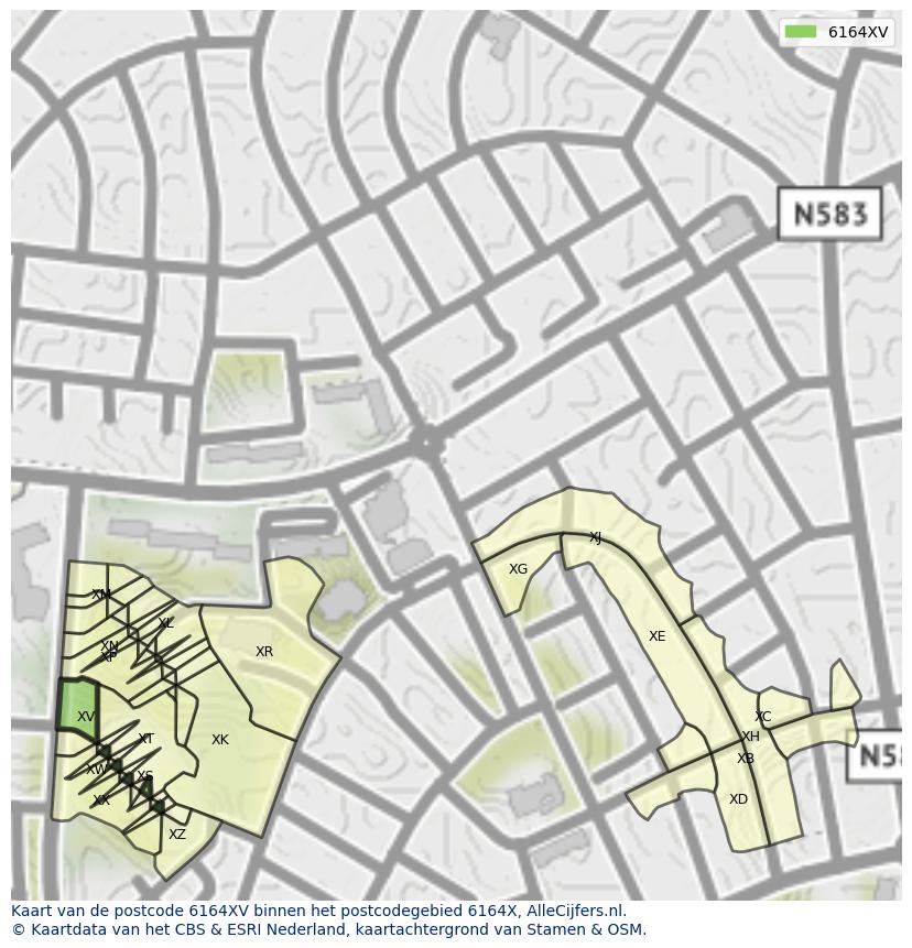 Afbeelding van het postcodegebied 6164 XV op de kaart.