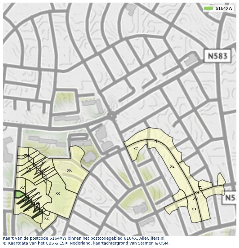 Afbeelding van het postcodegebied 6164 XW op de kaart.