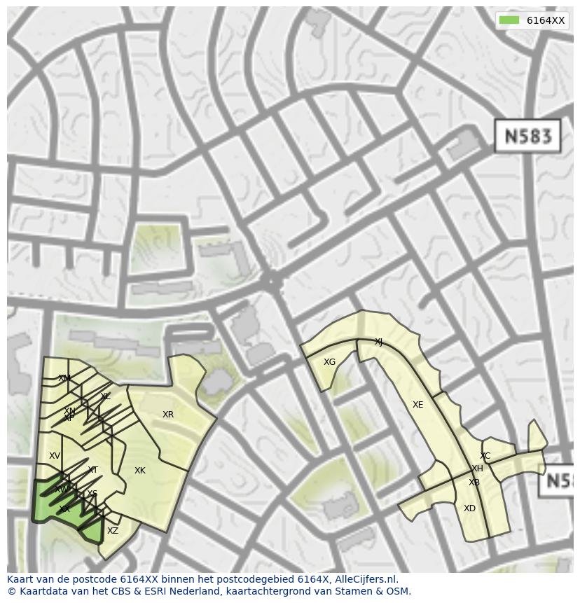 Afbeelding van het postcodegebied 6164 XX op de kaart.