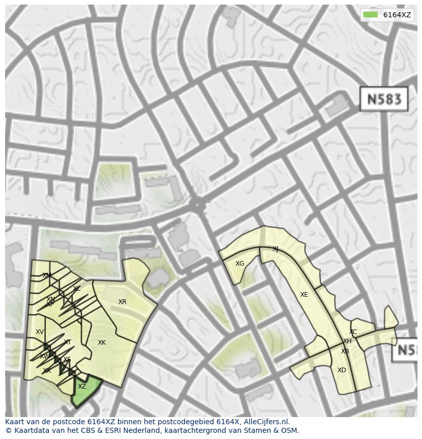 Afbeelding van het postcodegebied 6164 XZ op de kaart.