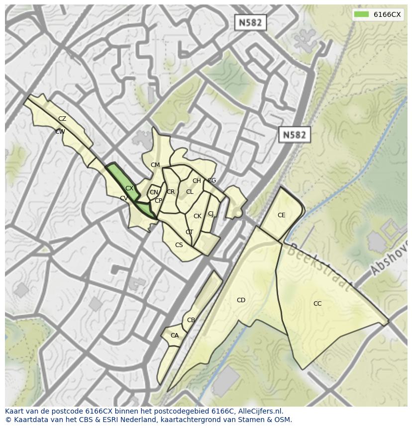 Afbeelding van het postcodegebied 6166 CX op de kaart.