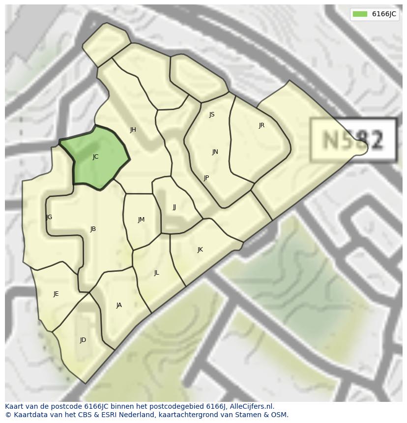 Afbeelding van het postcodegebied 6166 JC op de kaart.