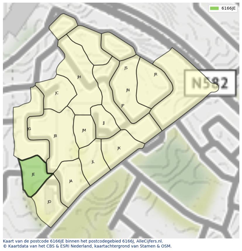 Afbeelding van het postcodegebied 6166 JE op de kaart.