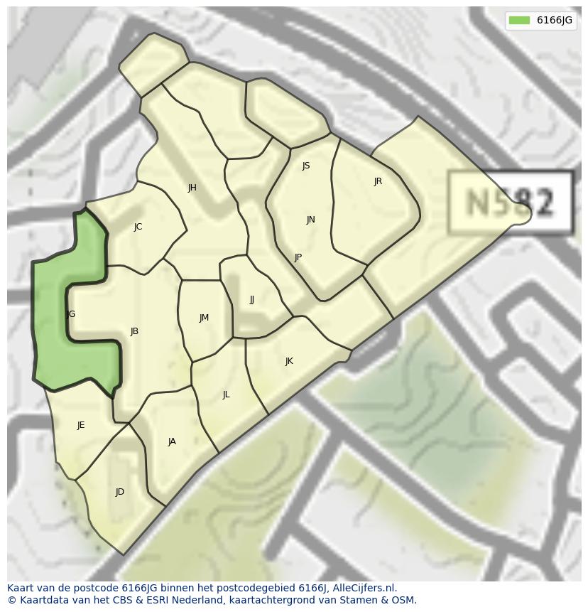 Afbeelding van het postcodegebied 6166 JG op de kaart.