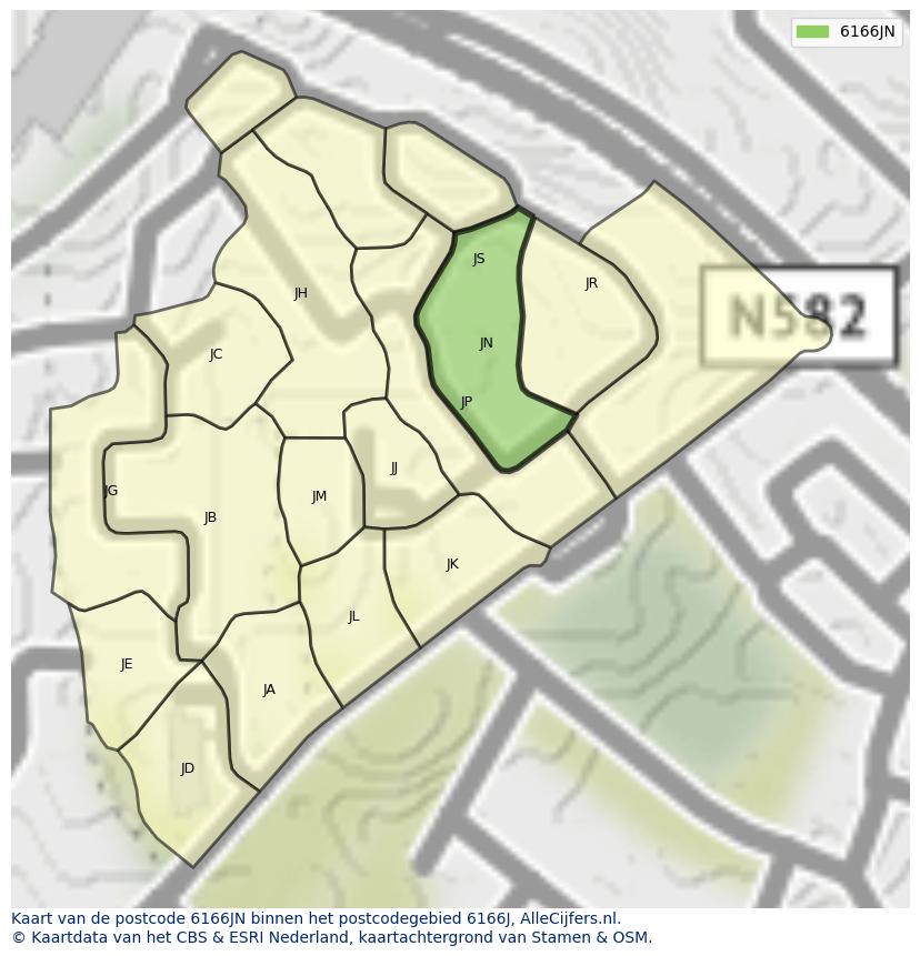 Afbeelding van het postcodegebied 6166 JN op de kaart.