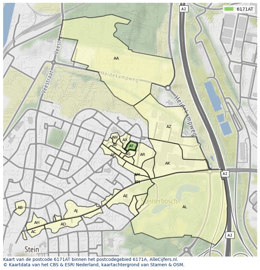 Afbeelding van het postcodegebied 6171 AT op de kaart.