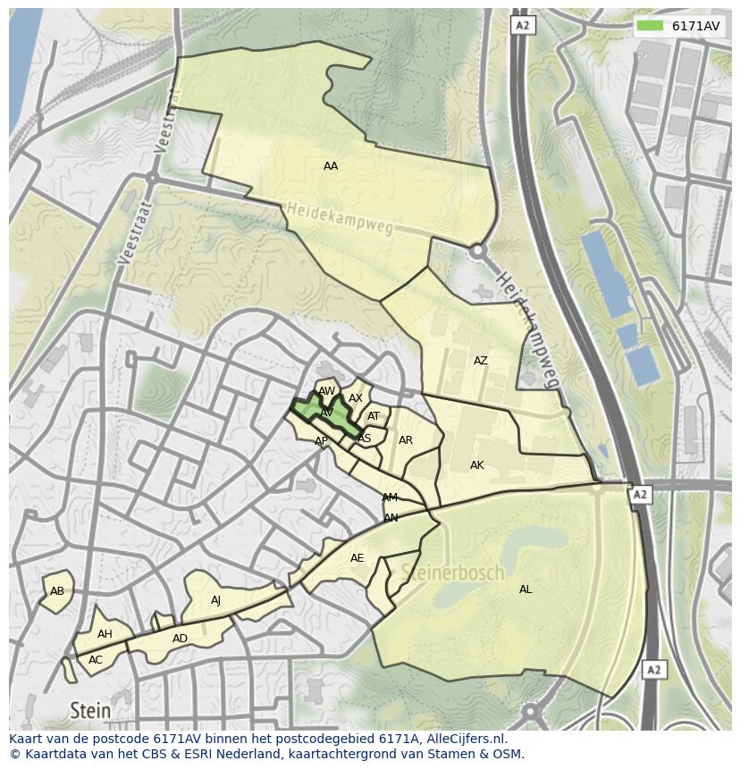 Afbeelding van het postcodegebied 6171 AV op de kaart.