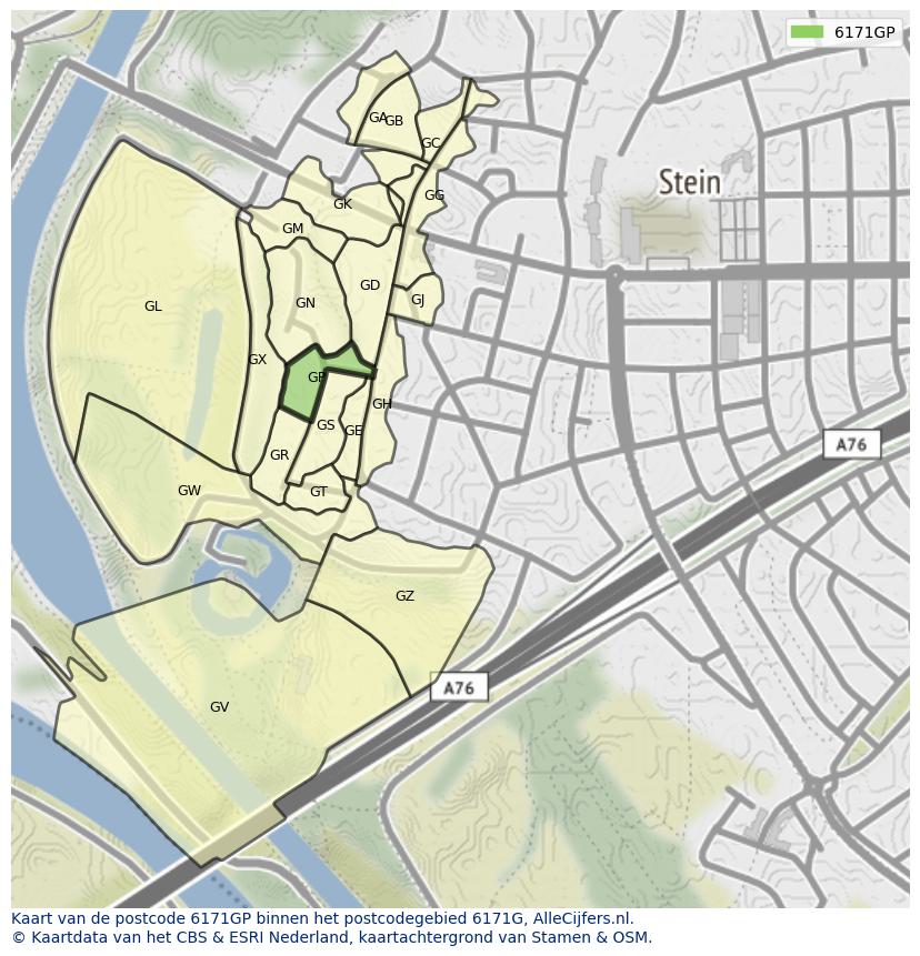 Afbeelding van het postcodegebied 6171 GP op de kaart.