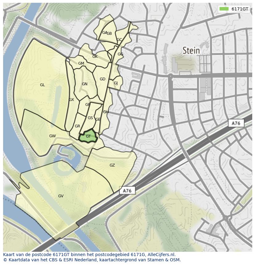 Afbeelding van het postcodegebied 6171 GT op de kaart.