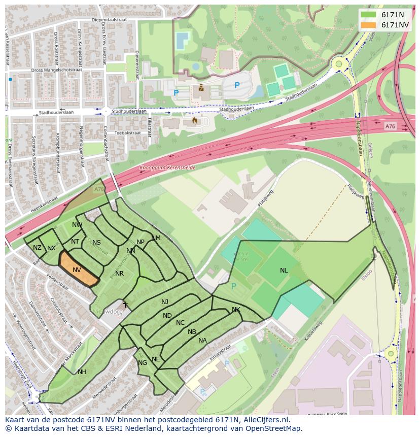 Afbeelding van het postcodegebied 6171 NV op de kaart.