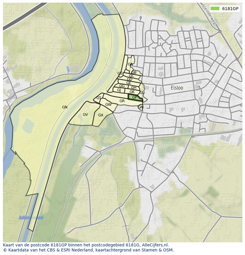 Afbeelding van het postcodegebied 6181 GP op de kaart.