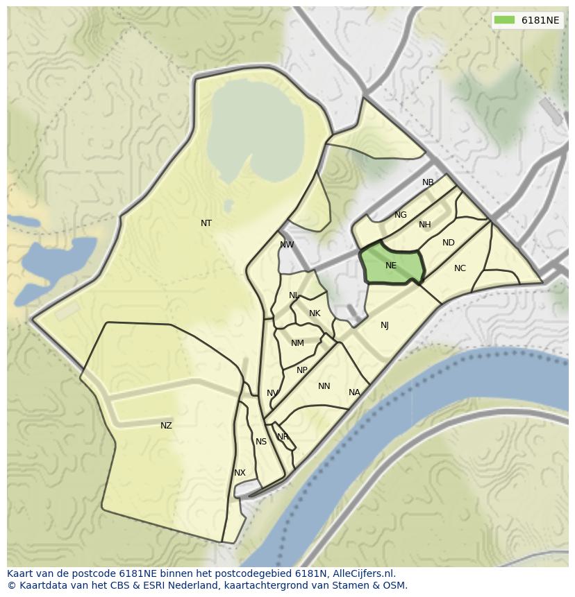 Afbeelding van het postcodegebied 6181 NE op de kaart.