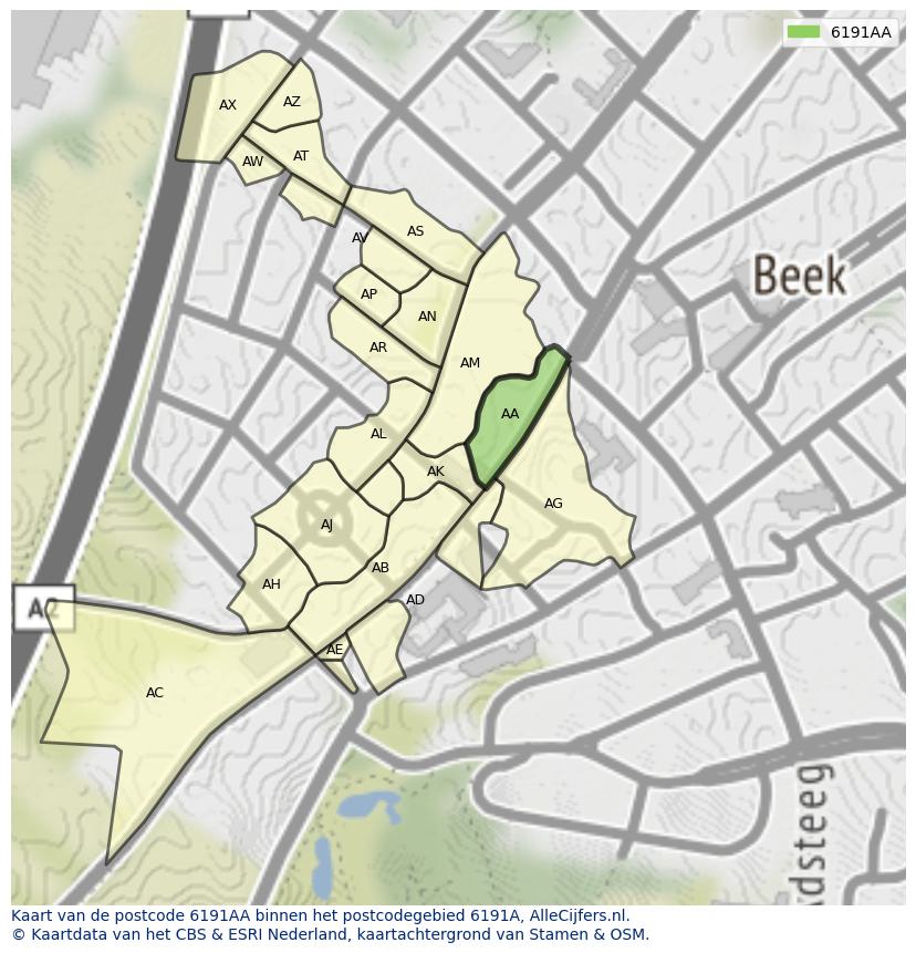 Afbeelding van het postcodegebied 6191 AA op de kaart.