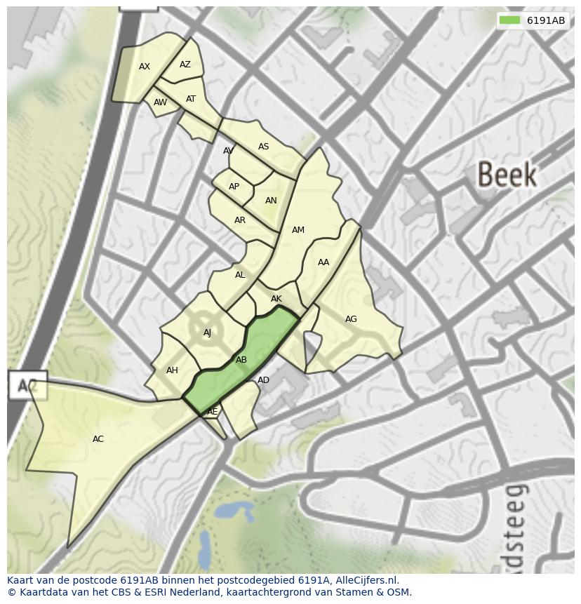 Afbeelding van het postcodegebied 6191 AB op de kaart.