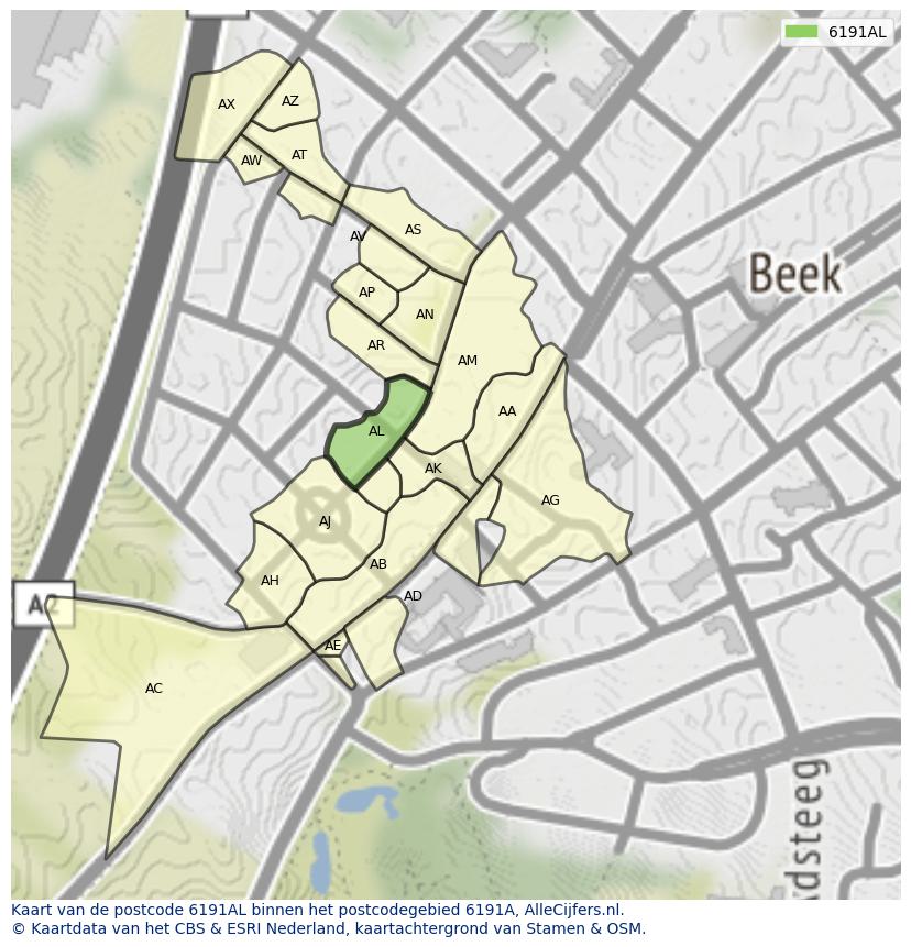 Afbeelding van het postcodegebied 6191 AL op de kaart.