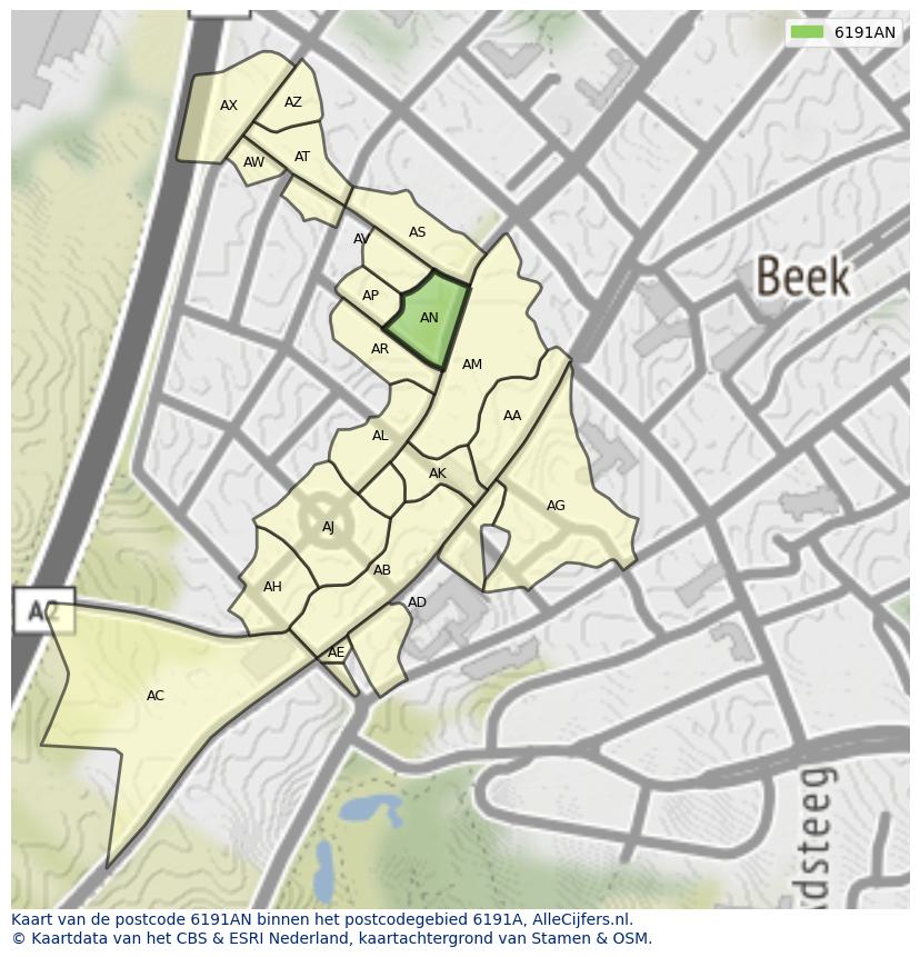 Afbeelding van het postcodegebied 6191 AN op de kaart.