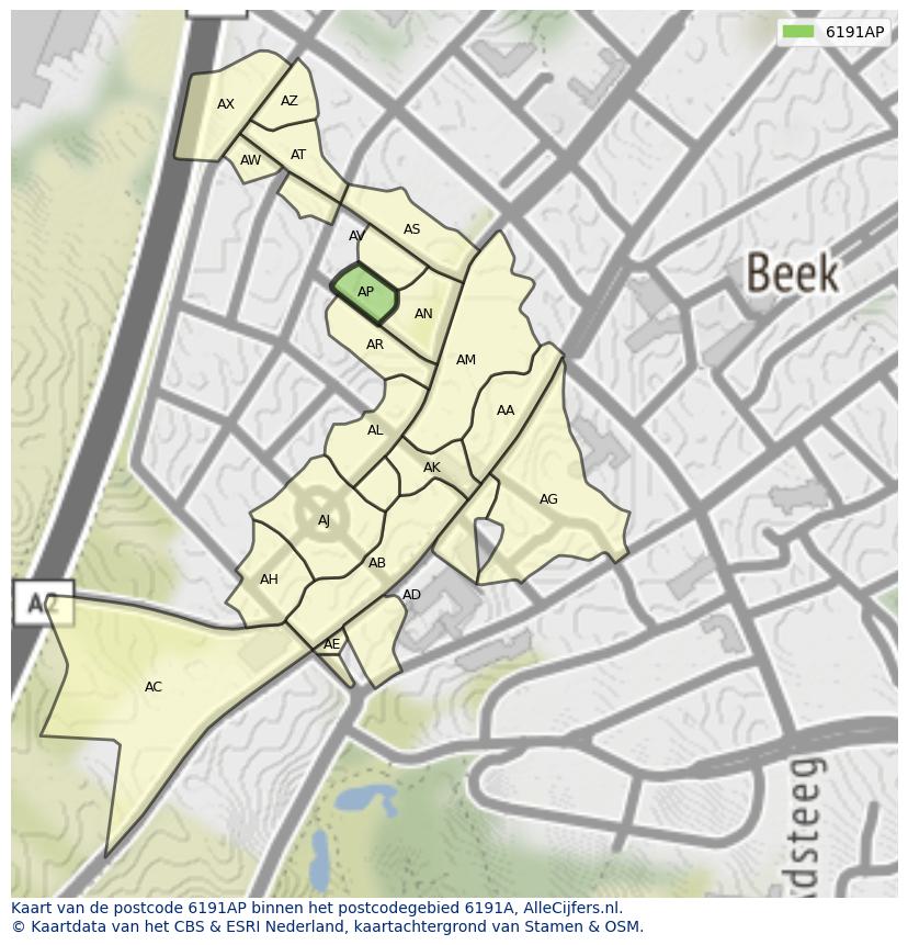 Afbeelding van het postcodegebied 6191 AP op de kaart.
