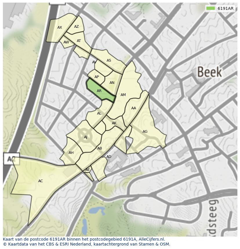 Afbeelding van het postcodegebied 6191 AR op de kaart.
