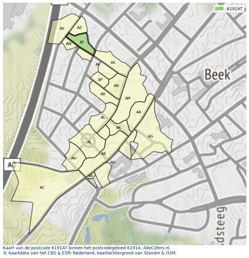 Afbeelding van het postcodegebied 6191 AT op de kaart.