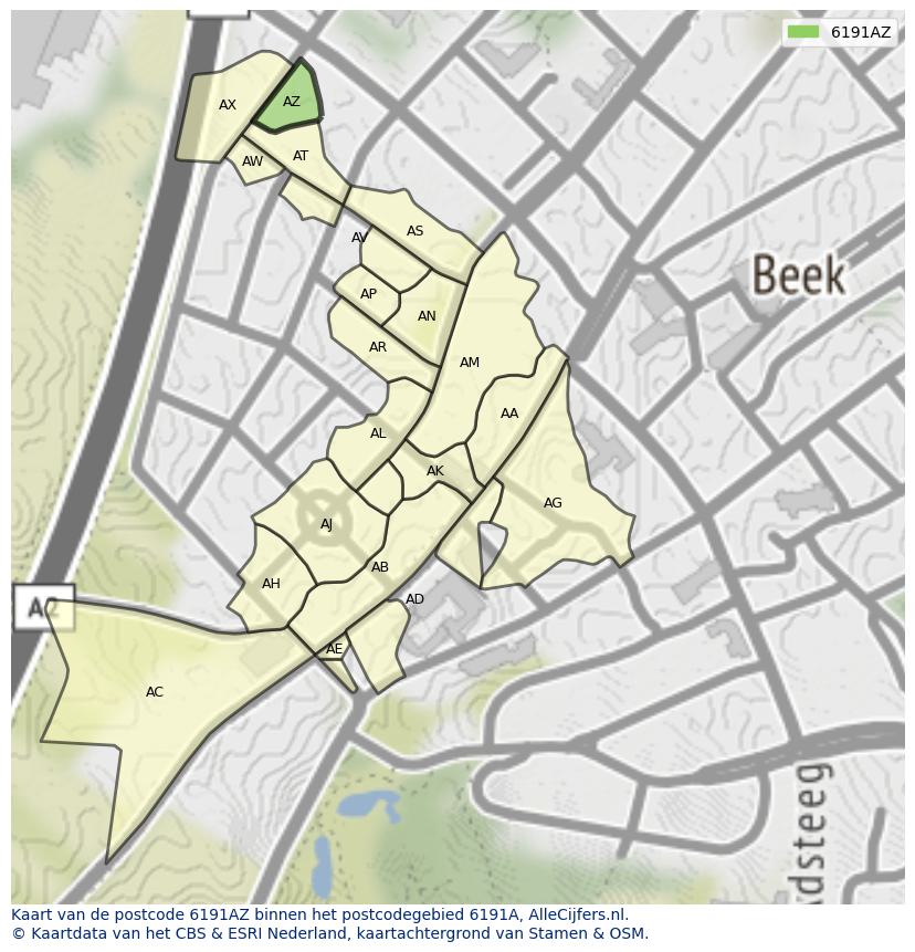 Afbeelding van het postcodegebied 6191 AZ op de kaart.