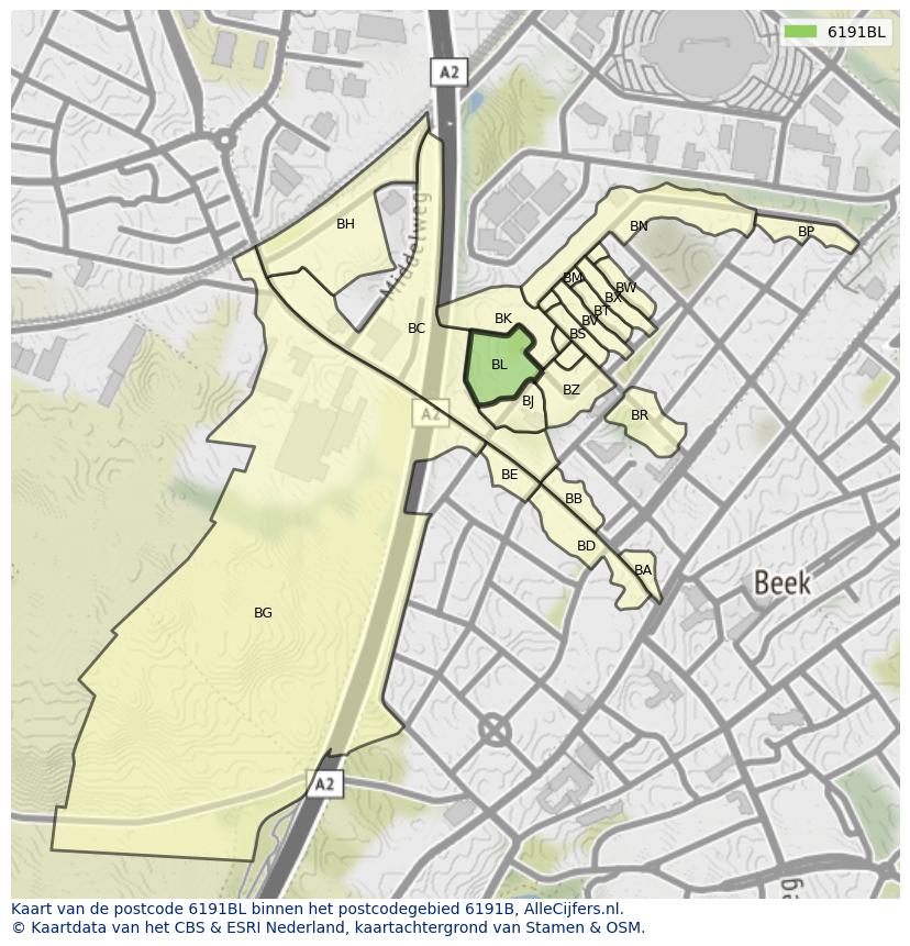 Afbeelding van het postcodegebied 6191 BL op de kaart.