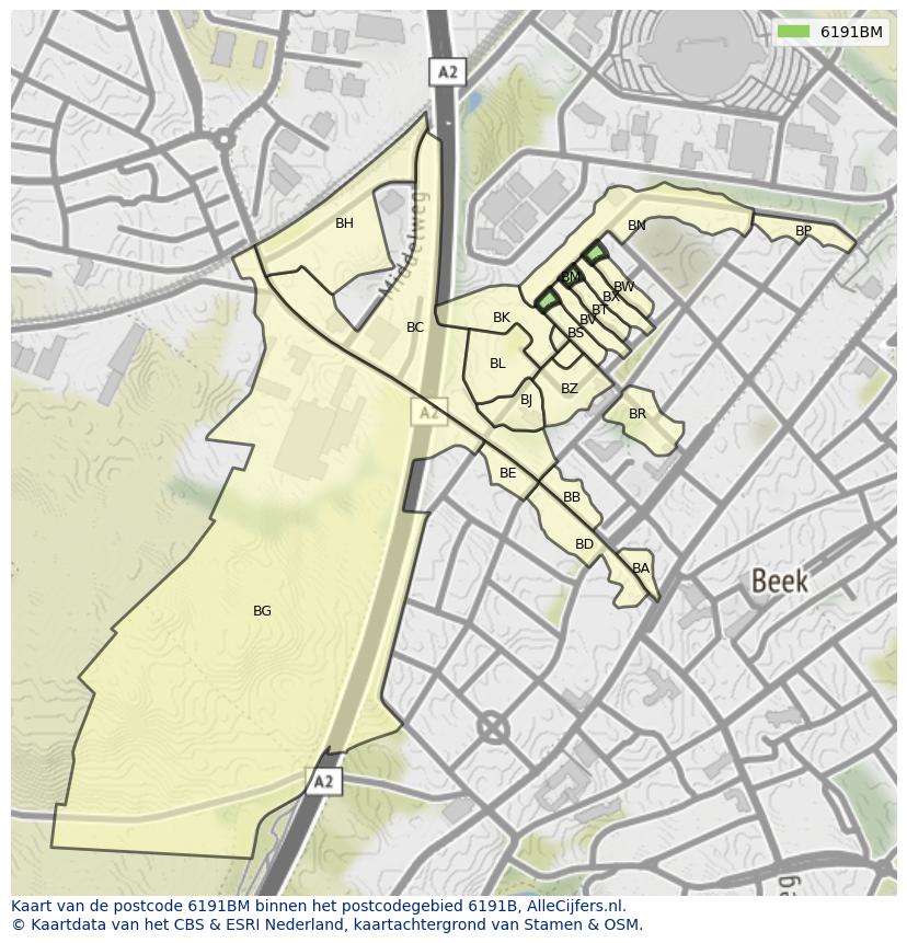 Afbeelding van het postcodegebied 6191 BM op de kaart.
