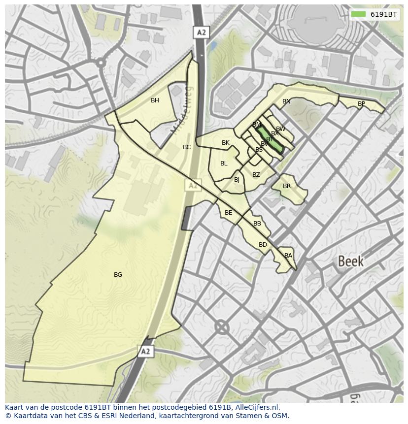 Afbeelding van het postcodegebied 6191 BT op de kaart.