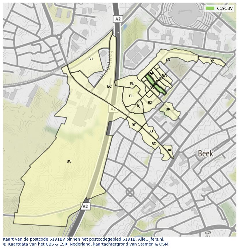 Afbeelding van het postcodegebied 6191 BV op de kaart.