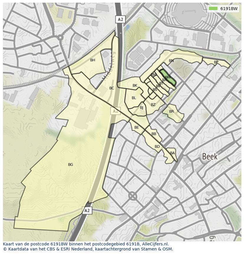 Afbeelding van het postcodegebied 6191 BW op de kaart.
