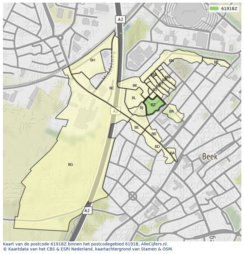 Afbeelding van het postcodegebied 6191 BZ op de kaart.