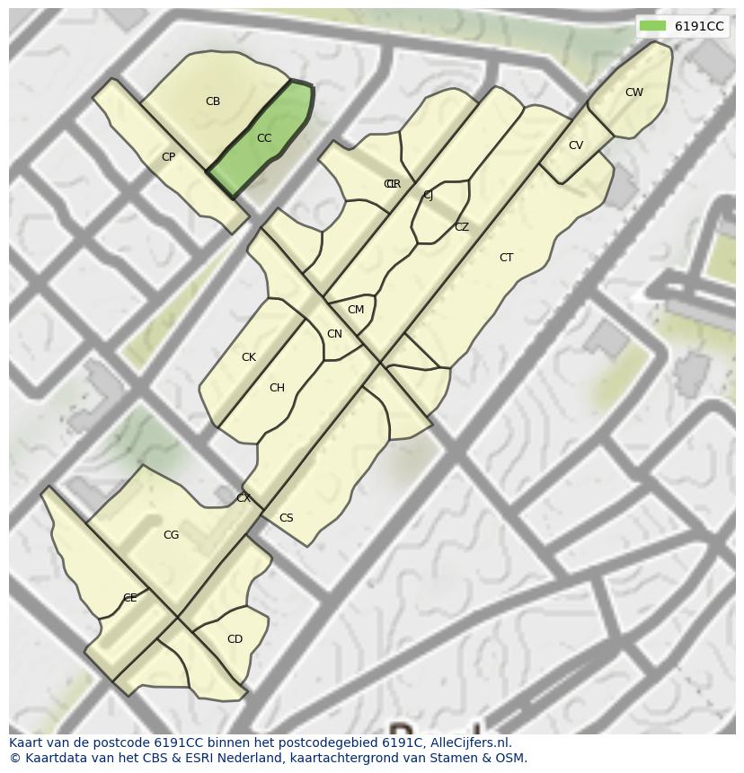 Afbeelding van het postcodegebied 6191 CC op de kaart.