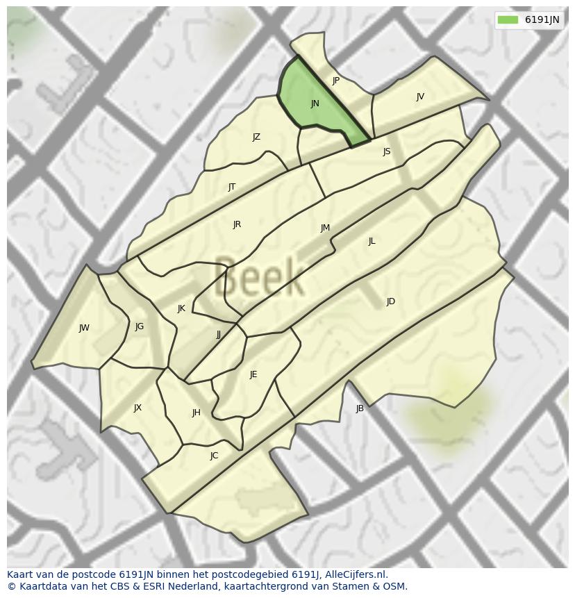 Afbeelding van het postcodegebied 6191 JN op de kaart.