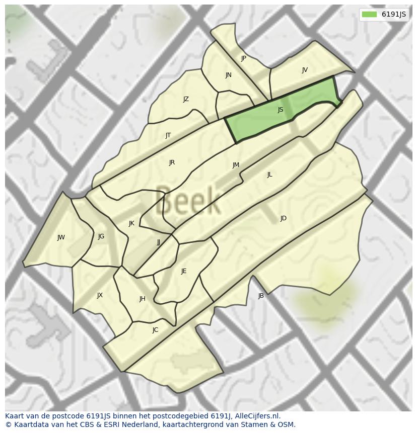 Afbeelding van het postcodegebied 6191 JS op de kaart.