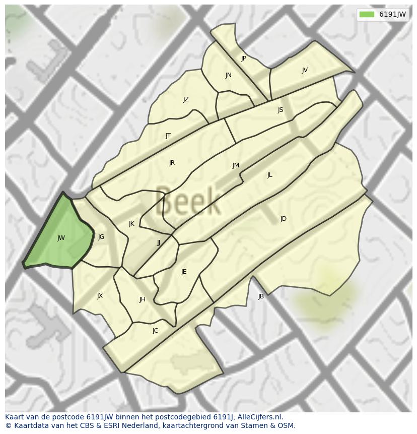Afbeelding van het postcodegebied 6191 JW op de kaart.