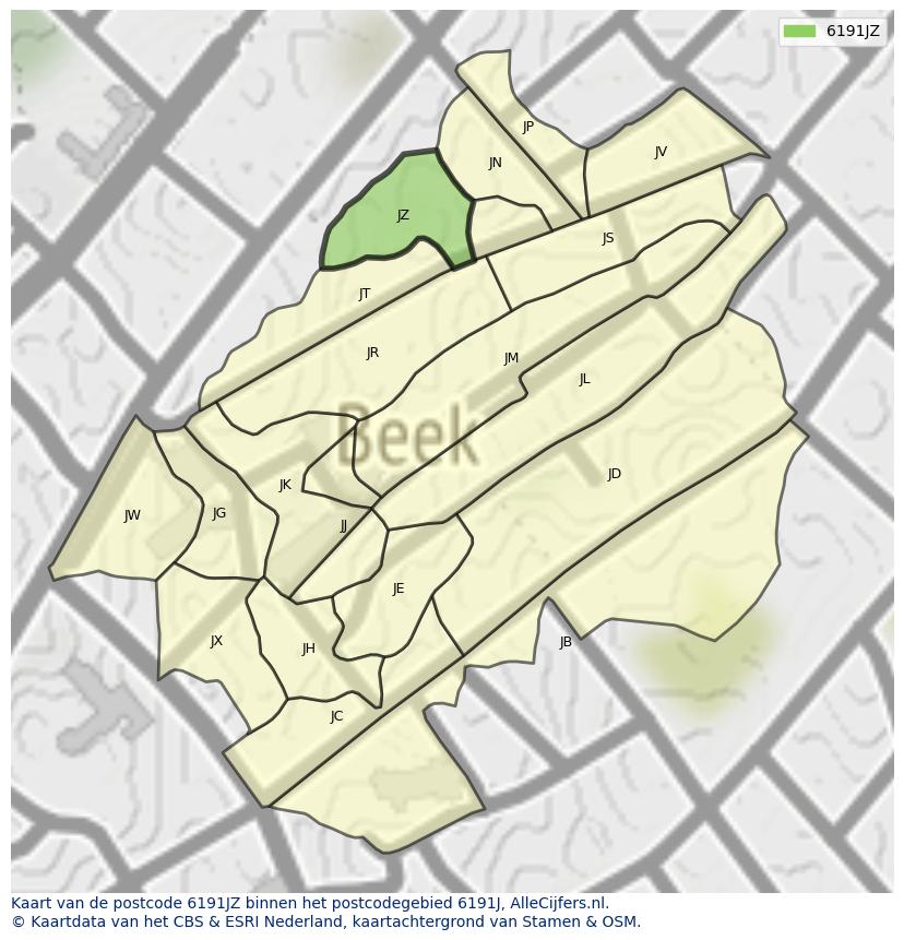 Afbeelding van het postcodegebied 6191 JZ op de kaart.