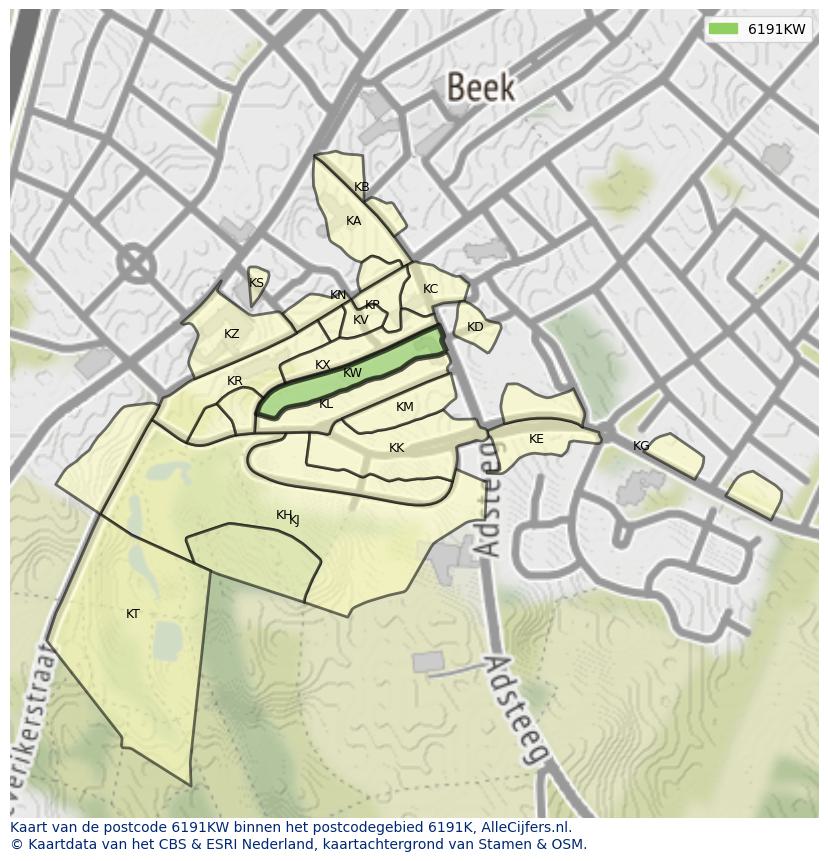Afbeelding van het postcodegebied 6191 KW op de kaart.