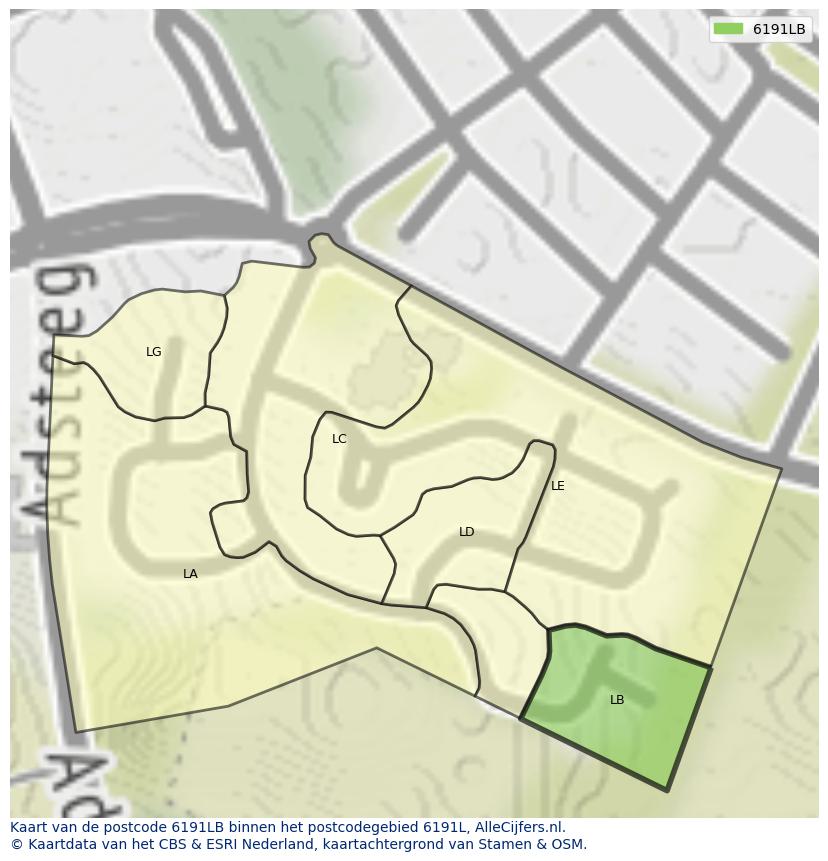 Afbeelding van het postcodegebied 6191 LB op de kaart.
