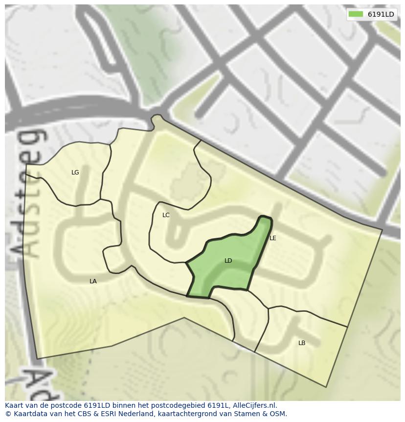 Afbeelding van het postcodegebied 6191 LD op de kaart.